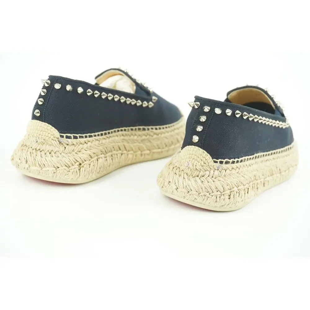 Christian Louboutin Espaboat Navy Canvas Spiked Espadrille Flat SZ 37 NIB